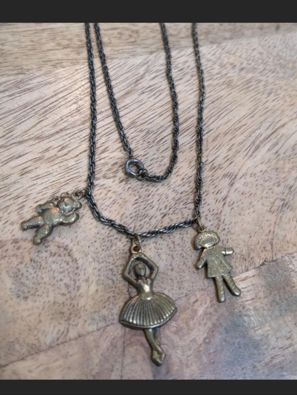 Vintage Brass Ballerina Bear And Doll Charm Necklace
